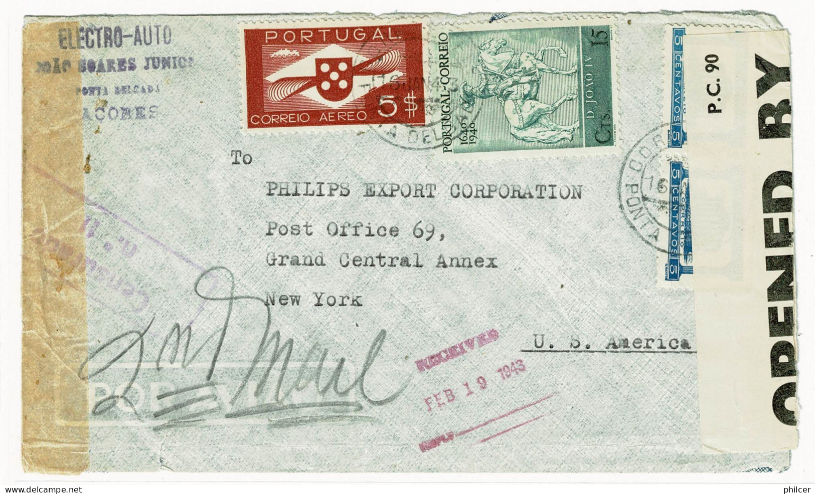 Portugal, 1943, # 592, Censura, Para New York - Lettres & Documents