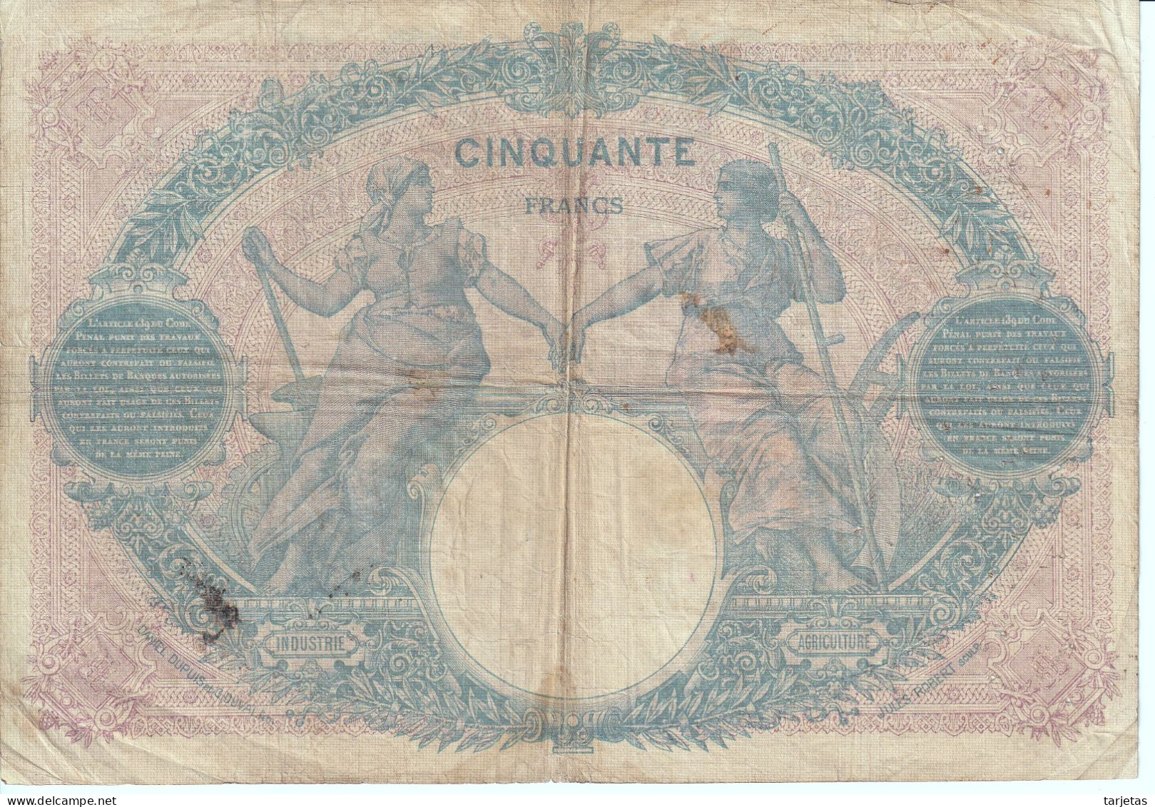 BILLETE DE FRANCIA DE 50 FRANCS DEL AÑO 1917 BLEU ET ROSE (BANKNOTE) - 50 F 1889-1927 ''Bleu Et Rose''