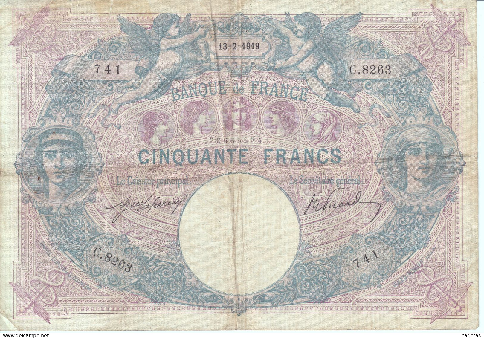 BILLETE DE FRANCIA DE 50 FRANCS DEL AÑO 1919 BLEU ET ROSE (BANKNOTE) - 50 F 1889-1927 ''Bleu Et Rose''