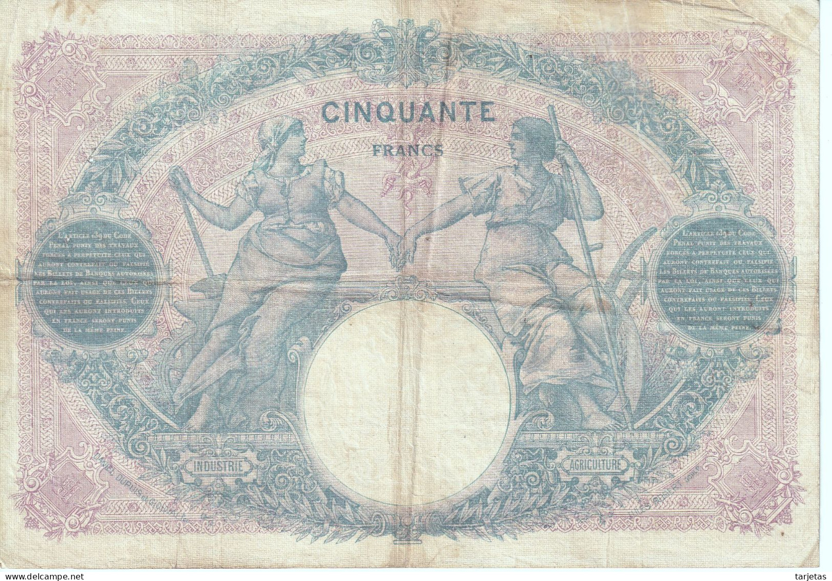 BILLETE DE FRANCIA DE 50 FRANCS DEL AÑO 1919 BLEU ET ROSE (BANKNOTE) - 50 F 1889-1927 ''Bleu Et Rose''