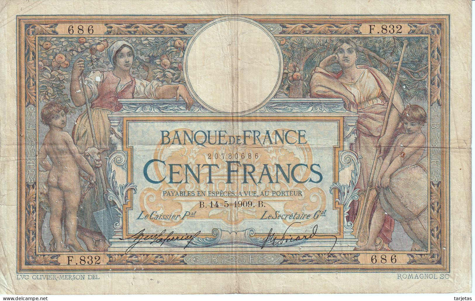 BILLETE DE FRANCIA DE 100 FRANCS DEL AÑO 1909 LUC OLIVIER MERSON (BANKNOTE) - 100 F 1908-1939 ''Luc Olivier Merson''