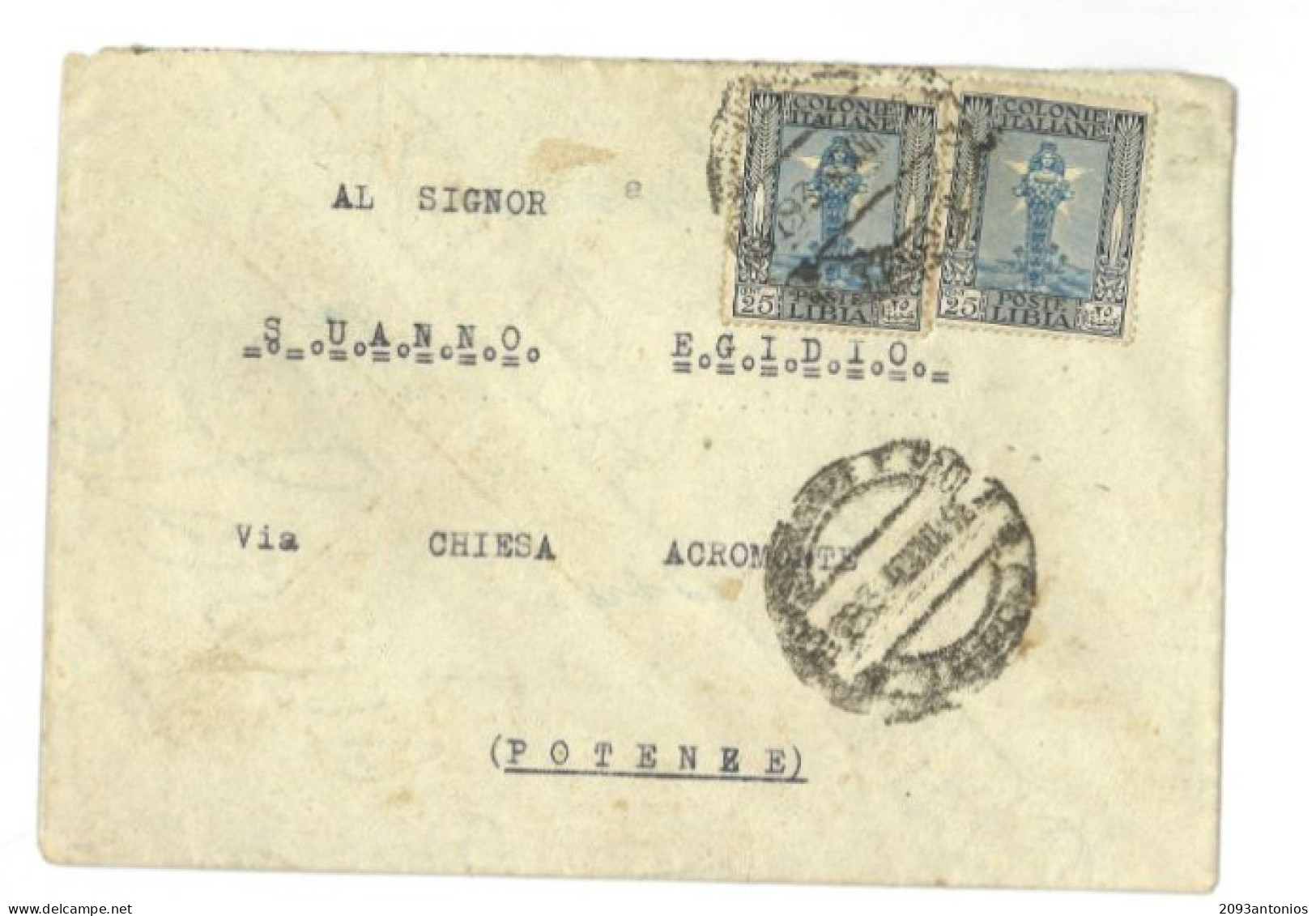 SP10) LIBIA CENT. 2 X 25 CENT. COLONIE ITALIANE STORIA POSTALE AGROMONTE POTENZA BUSTA  VIAGGIATA - Libië