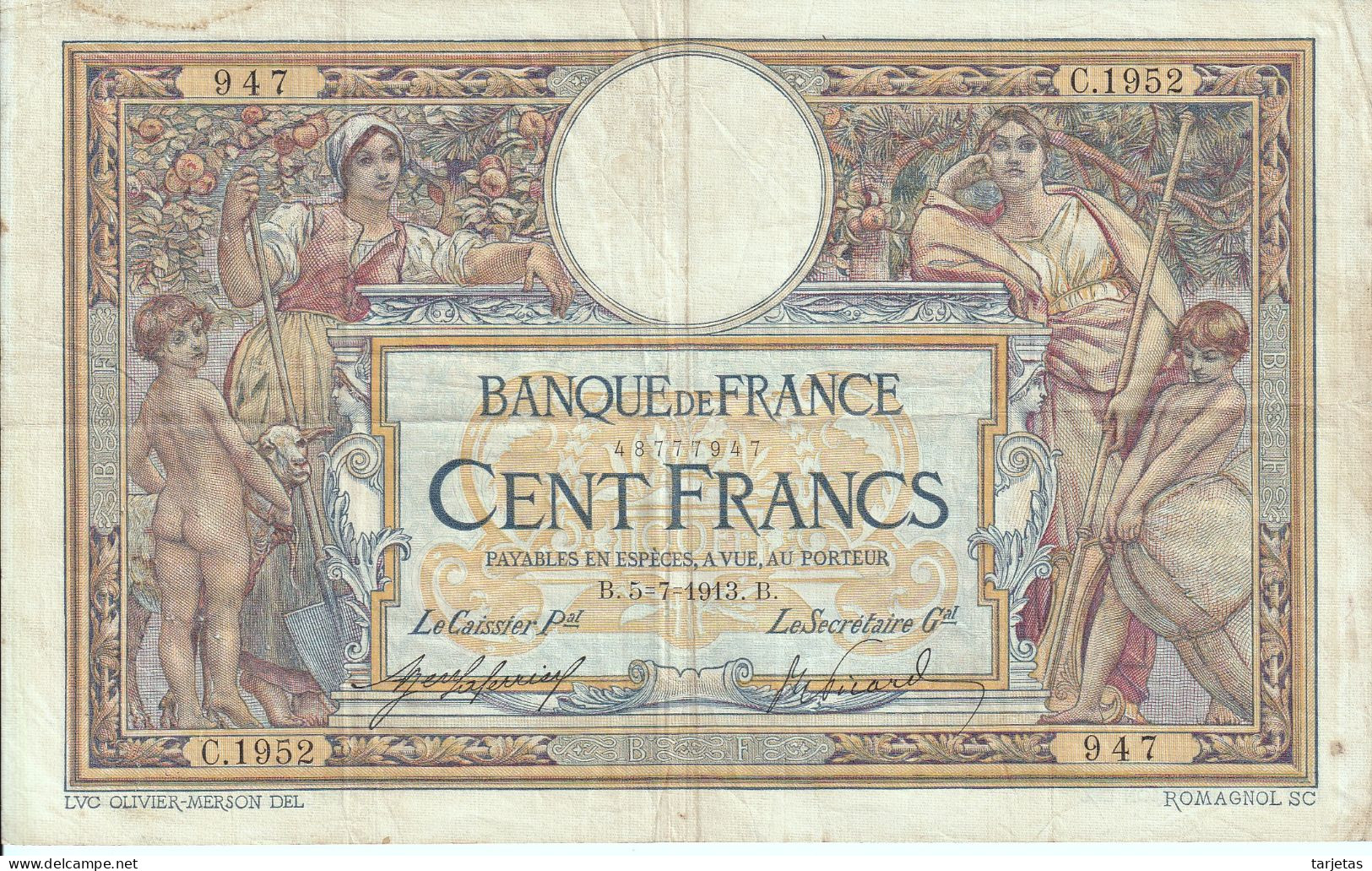 BILLETE DE FRANCIA DE 100 FRANCS DEL AÑO 1913 LUC OLIVIER MERSON (BANKNOTE) - 100 F 1908-1939 ''Luc Olivier Merson''