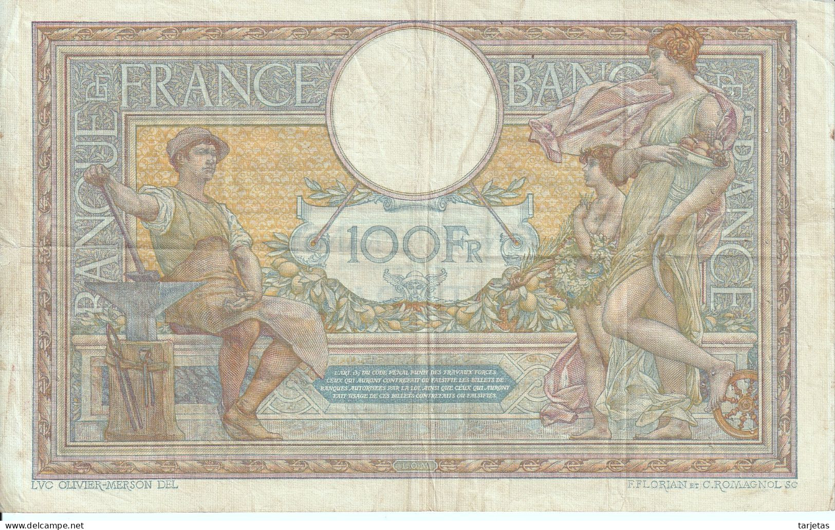 BILLETE DE FRANCIA DE 100 FRANCS DEL AÑO 1913 LUC OLIVIER MERSON (BANKNOTE) - 100 F 1908-1939 ''Luc Olivier Merson''
