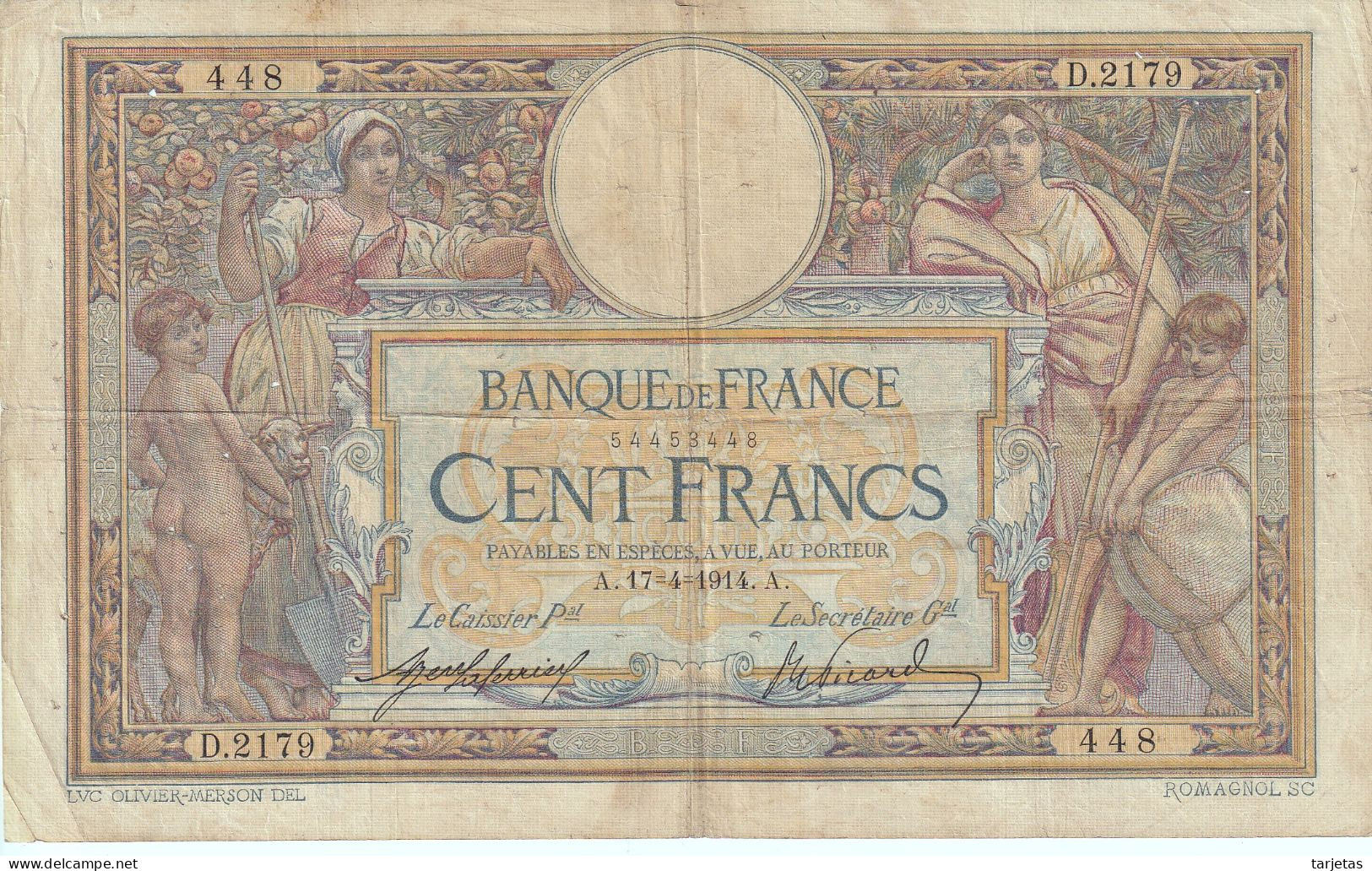 BILLETE DE FRANCIA DE 100 FRANCS DEL AÑO 1914 LUC OLIVIER MERSON (BANKNOTE) - 100 F 1908-1939 ''Luc Olivier Merson''