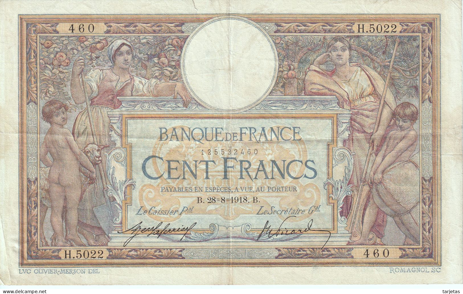 BILLETE DE FRANCIA DE 100 FRANCS DEL AÑO 1918 LUC OLIVIER MERSON (BANKNOTE) - 100 F 1908-1939 ''Luc Olivier Merson''