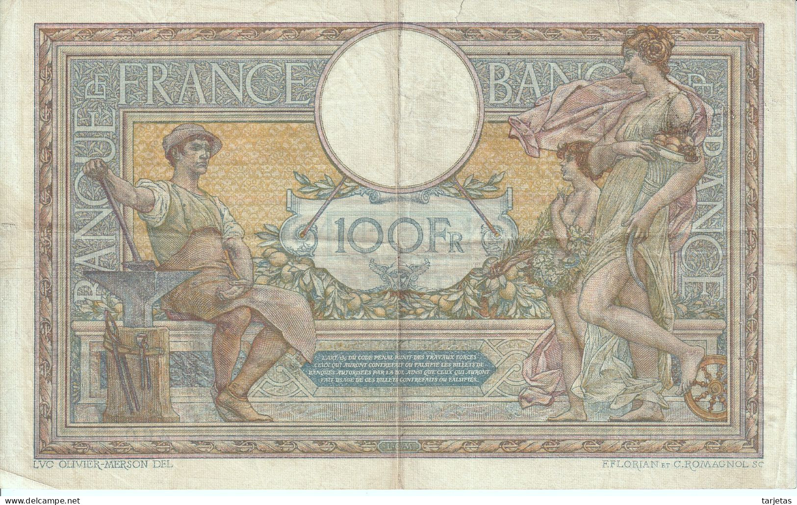 BILLETE DE FRANCIA DE 100 FRANCS DEL AÑO 1918 LUC OLIVIER MERSON (BANKNOTE) - 100 F 1908-1939 ''Luc Olivier Merson''