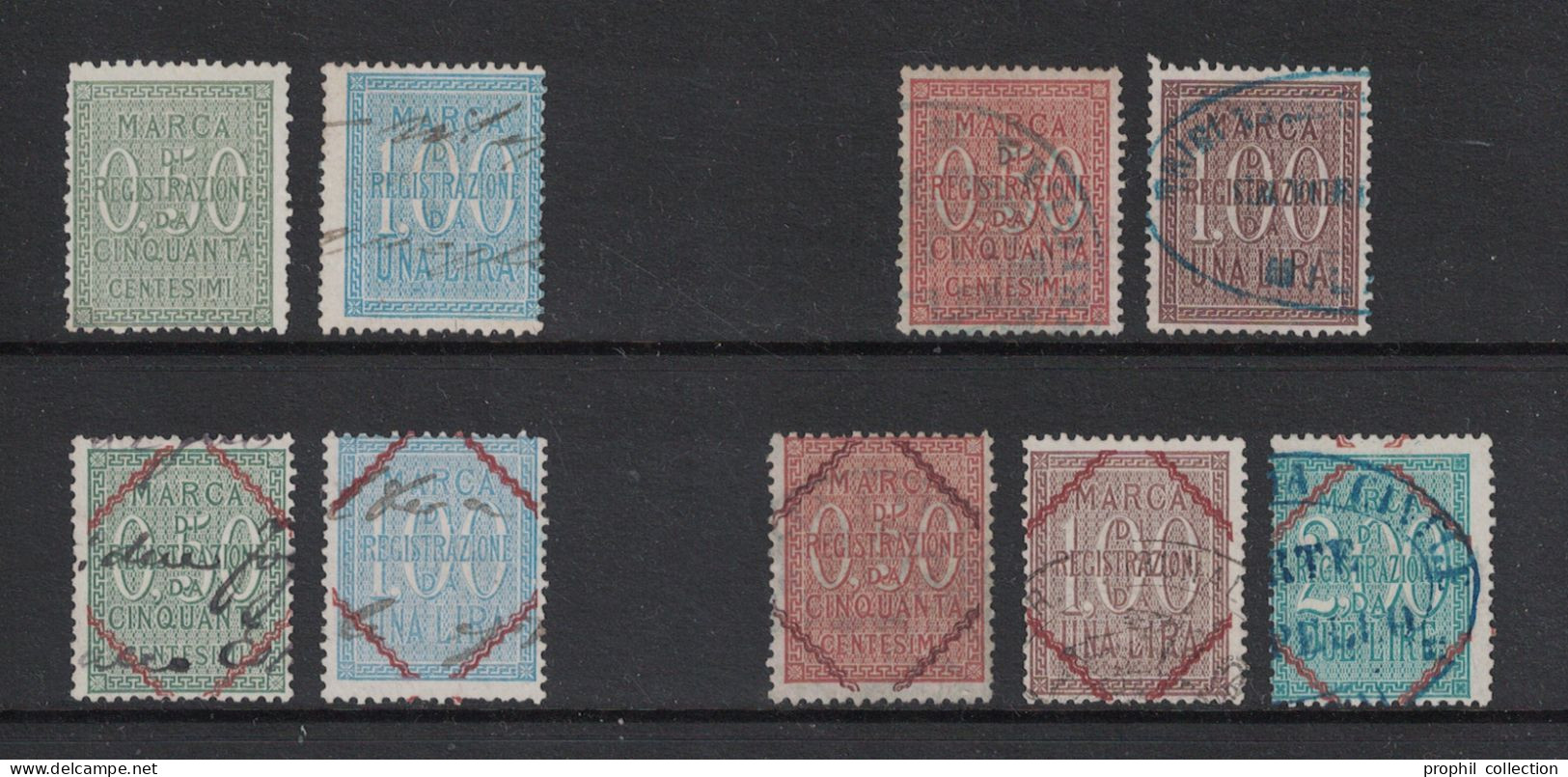 LOT SÉRIE De 9 TIMBRES FISCAUX MARCA REGISTRAZIONE D'ITALIE ITALIA FISCAL REVENUE - Revenue Stamps