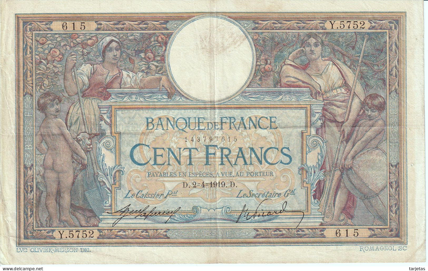 BILLETE DE FRANCIA DE 100 FRANCS DEL AÑO 1919 LUC OLIVIER MERSON (BANKNOTE) - 100 F 1908-1939 ''Luc Olivier Merson''