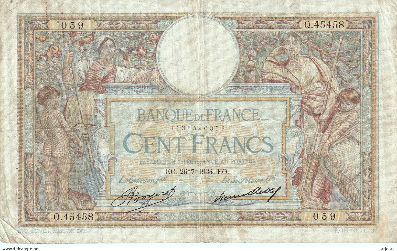 BILLETE DE FRANCIA DE 100 FRANCS DEL AÑO 1934 LUC OLIVIER MERSON (BANKNOTE) - 100 F 1908-1939 ''Luc Olivier Merson''