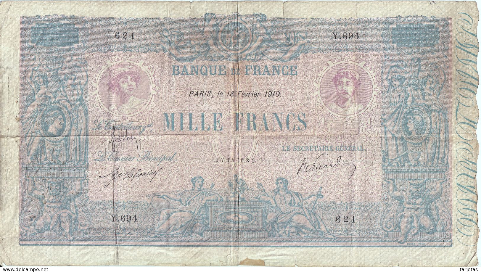 BILLETE DE FRANCIA DE 1000 FRANCS DEL AÑO 1910 BLUE ET ROSE (BANKNOTE) - 1 000 F 1889-1926 ''Bleu Et Rose''