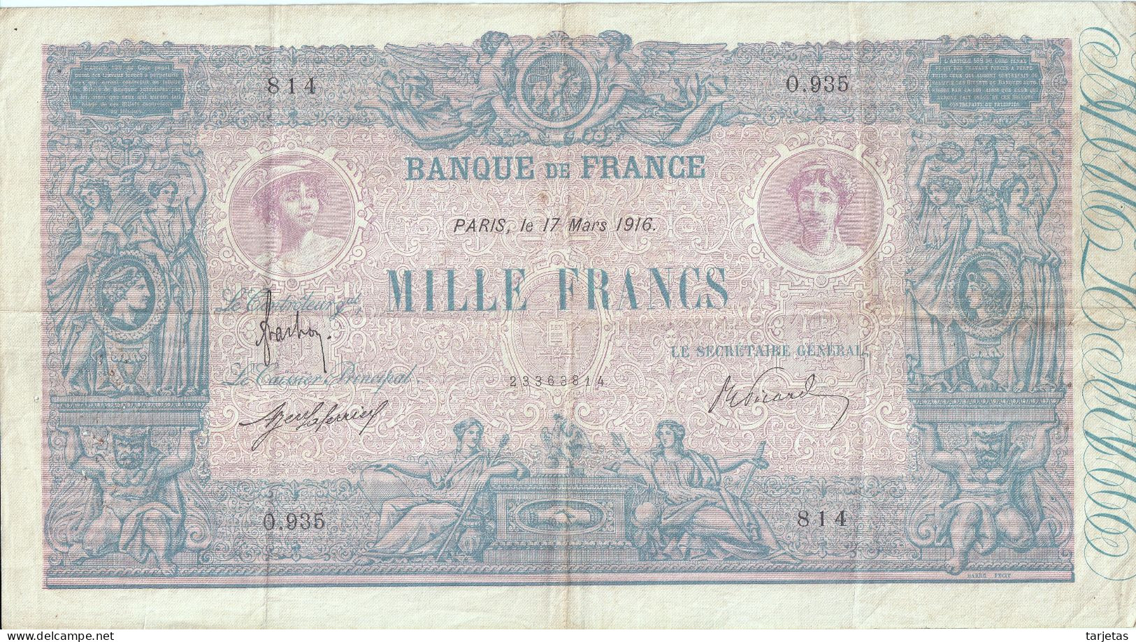BILLETE DE FRANCIA DE 1000 FRANCS DEL AÑO 1916 BLUE ET ROSE (BANKNOTE) - 1 000 F 1889-1926 ''Bleu Et Rose''