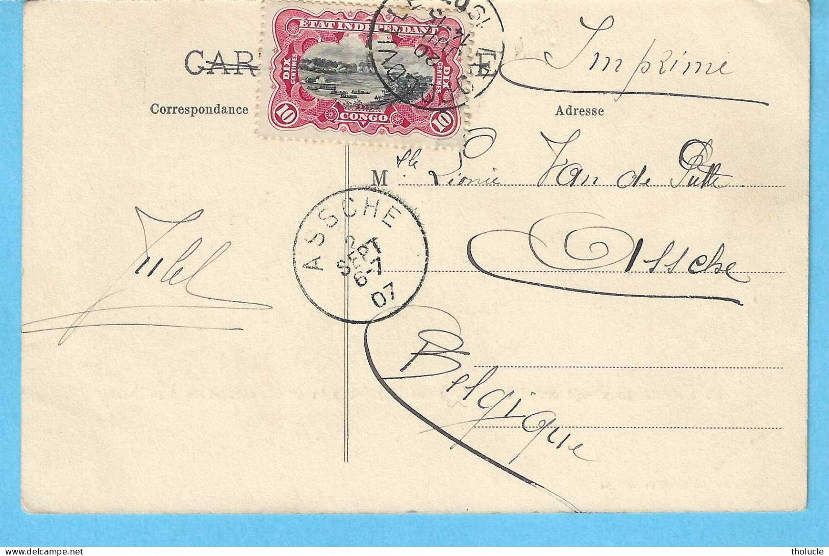 Timbre Type Mols-Etat Indépendant Du Congo 10c Carmin N°19-cachet LEOPOLDVILLE 1907-Cpa-Chapelle Mission Lualabourg - Brieven En Documenten