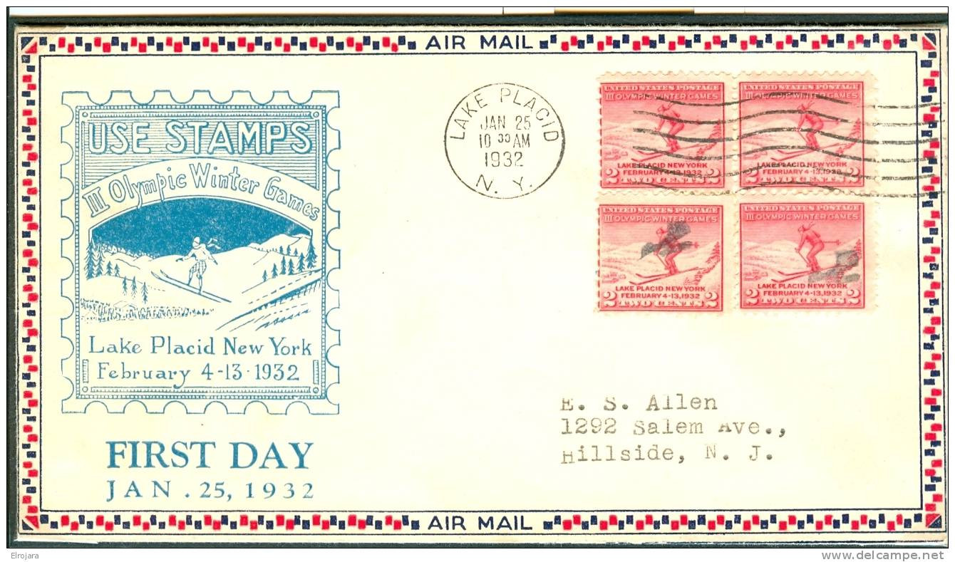 USA FDC 25-1-1932 Block Of 4 With Bird Cancel - Invierno 1932: Lake Placid