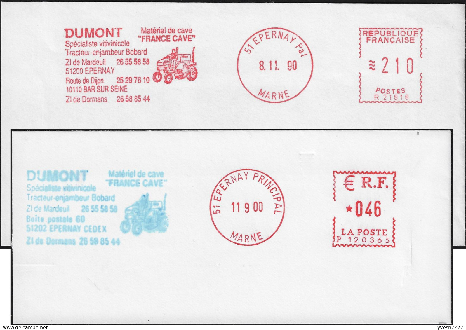 France 1990 Et 2000 En €. 2 EMA  Rouge Et Bicolore (usage éphémère). Dumont, Matériel De Cave, Tracteurs Enjambeurs - Wein & Alkohol
