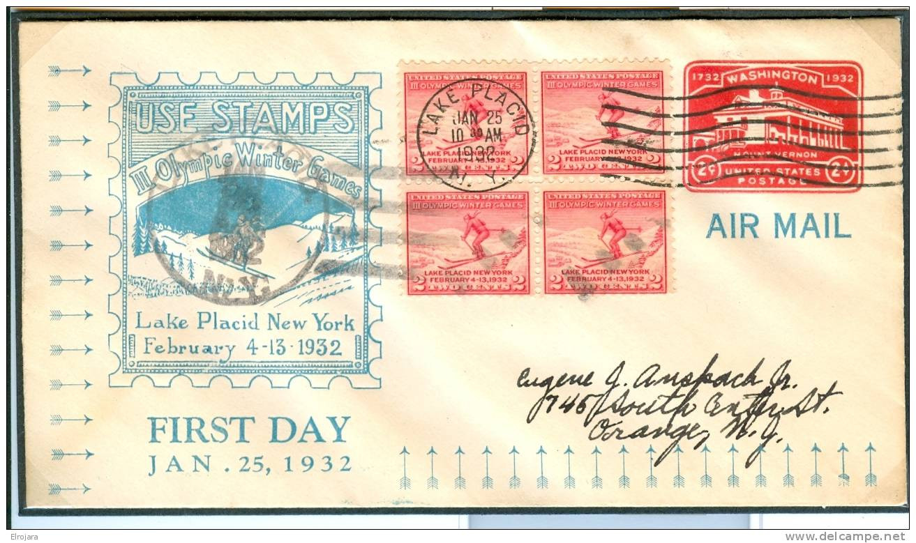 USA Olympic Stationery With Block Of 4 With First Day Cancel 25-1-1932 - Inverno1932: Lake Placid