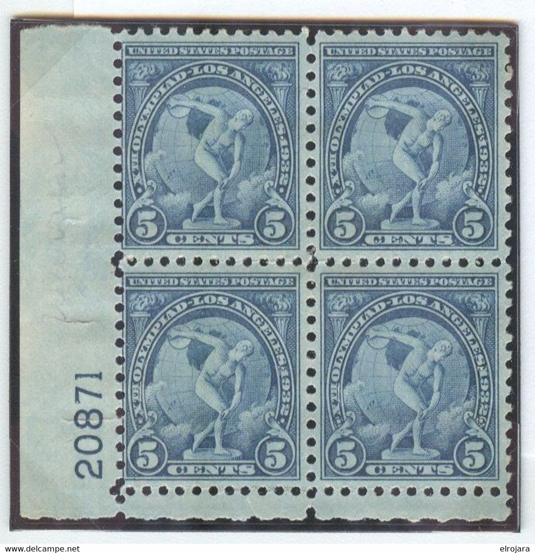 USA Plateblock 5c Discus MNH Plate Number 20871 - Sommer 1932: Los Angeles
