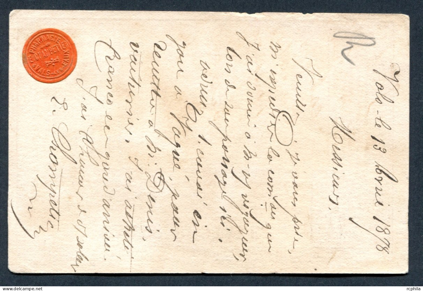 RC 27013 FRANCE 1878 ETIQUETTE COMMERCIALE PHARMACIE CHAMPETIER A VALS LES EAUX SUR CARTE PRECURSEUR - Cartoline Precursori