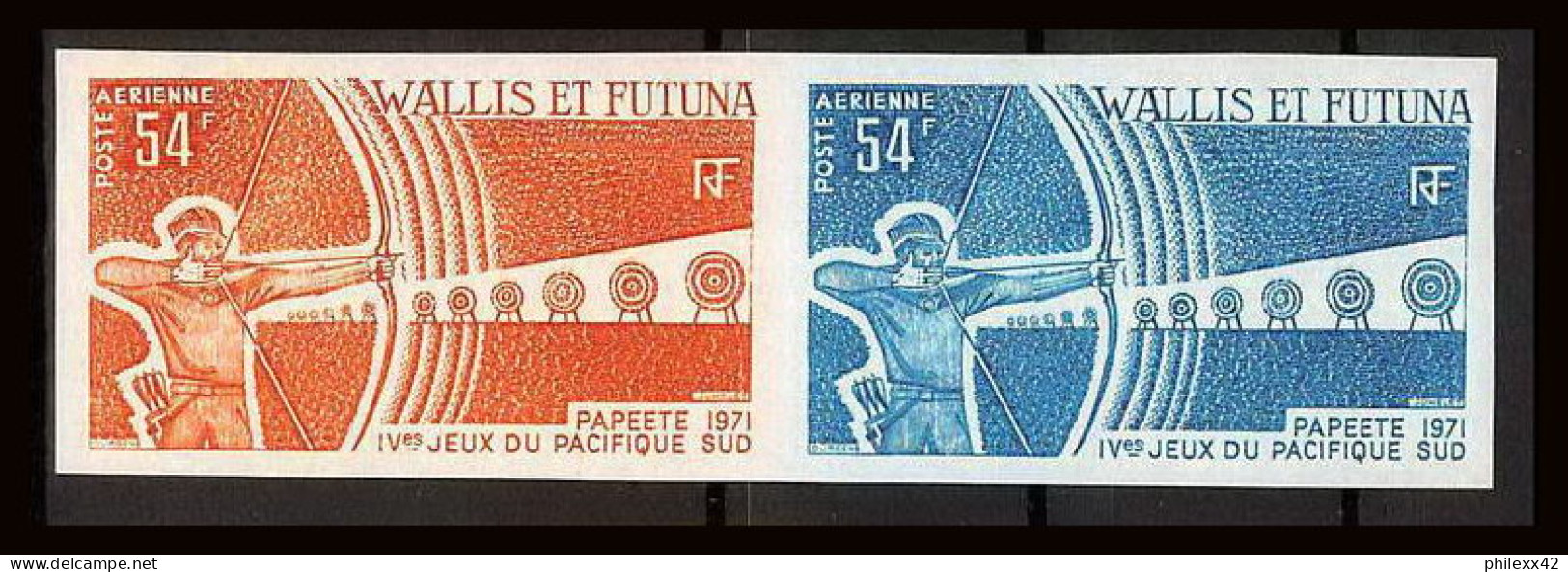92552b Wallis Et Futuna PA N°40 Tir à L'arc Archery Jeux Du Pacific 1971 Paire Essais Proof Non Dentelé Imperf ** MNH  - Tiro Al Arco