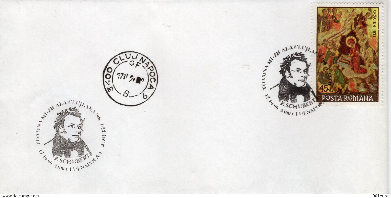 ROMANIA 1991: COMPOSER FRANZ SCHUBERT, ILLUSTRATED POSTMARK - Registered Shipping! - Marcophilie