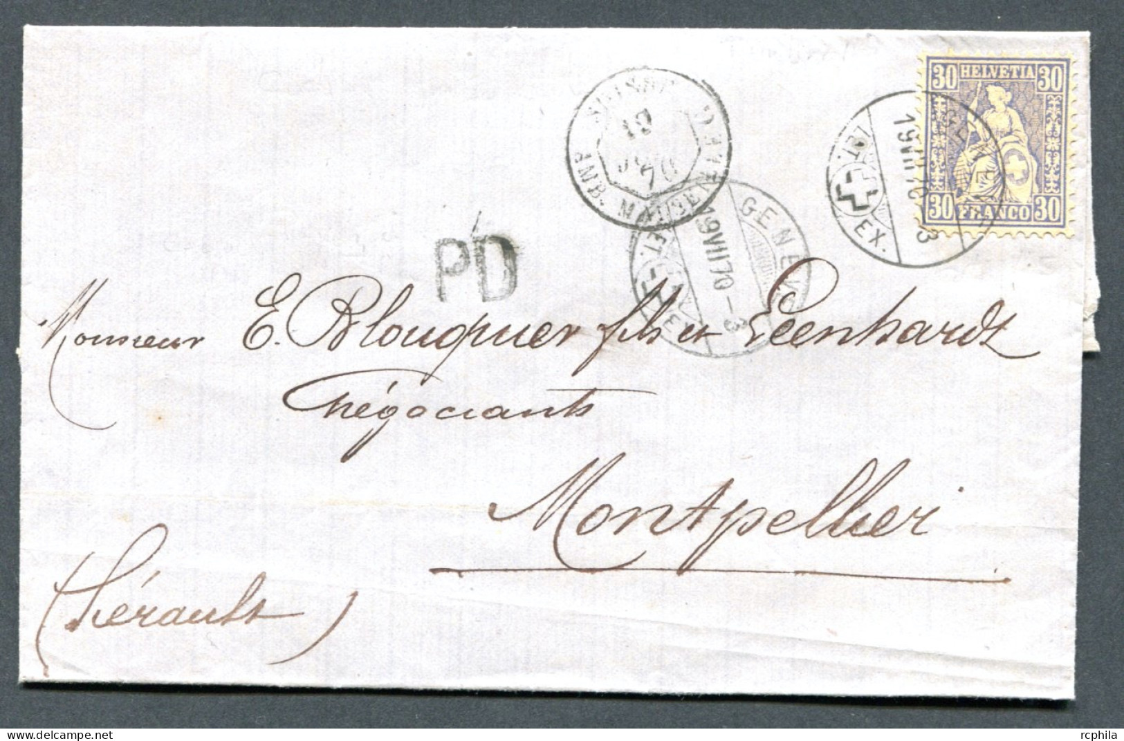 RC 27016 SUISSE 1871 LETTRE DE GENEVE POUR MONTPELLIER EN FRANCE ( SANS CORRESPONDANCE ) - Brieven En Documenten