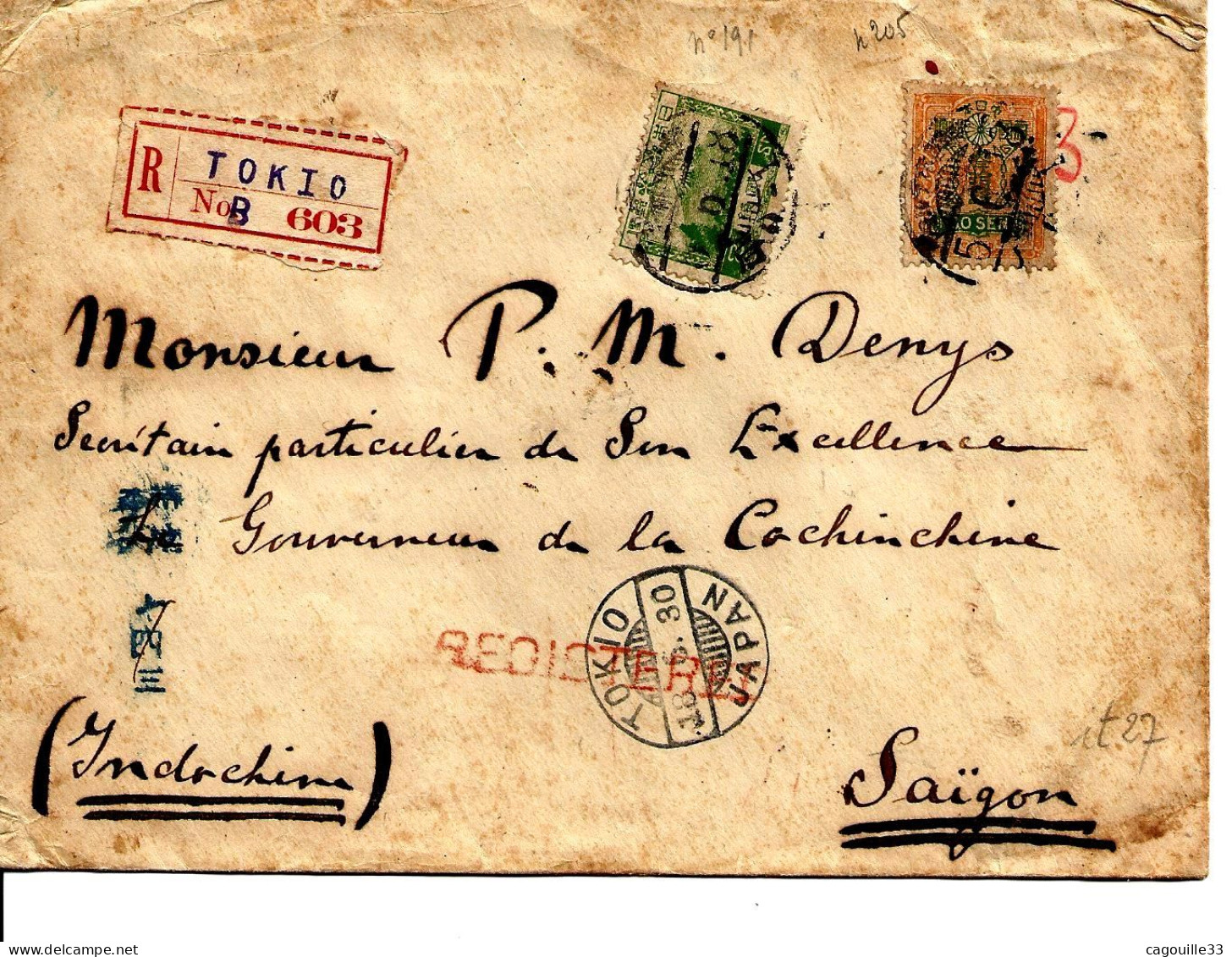 Japon, De Tokio En 1930 Recommandée Pour Saigon  TB - Lettres & Documents