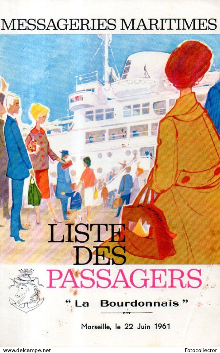 Marine : Liste Des Passagers Du Paquebot La Bourdonnais (Cie Messageries Maritimes) Départ Du 22 Juin 1961 - Other & Unclassified