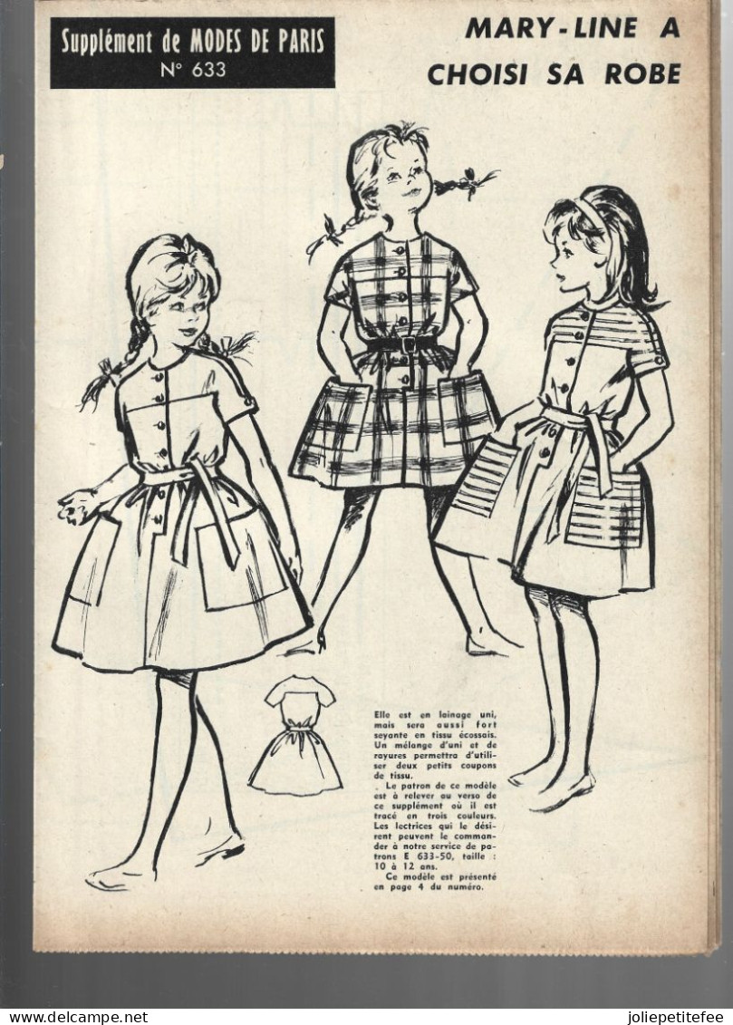 Magazine: N°633 -  1961    " MODE DE PARIS + PATRON MODELE FILLE 10 à 12 ANS. - Fashion