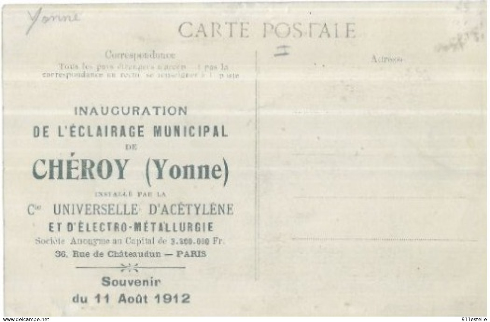 89  CHEROY - Inauguration De L'éclairage Municipal Le 11 08 1912 (au Verso: L'usine Des Clavaux) - Cheroy