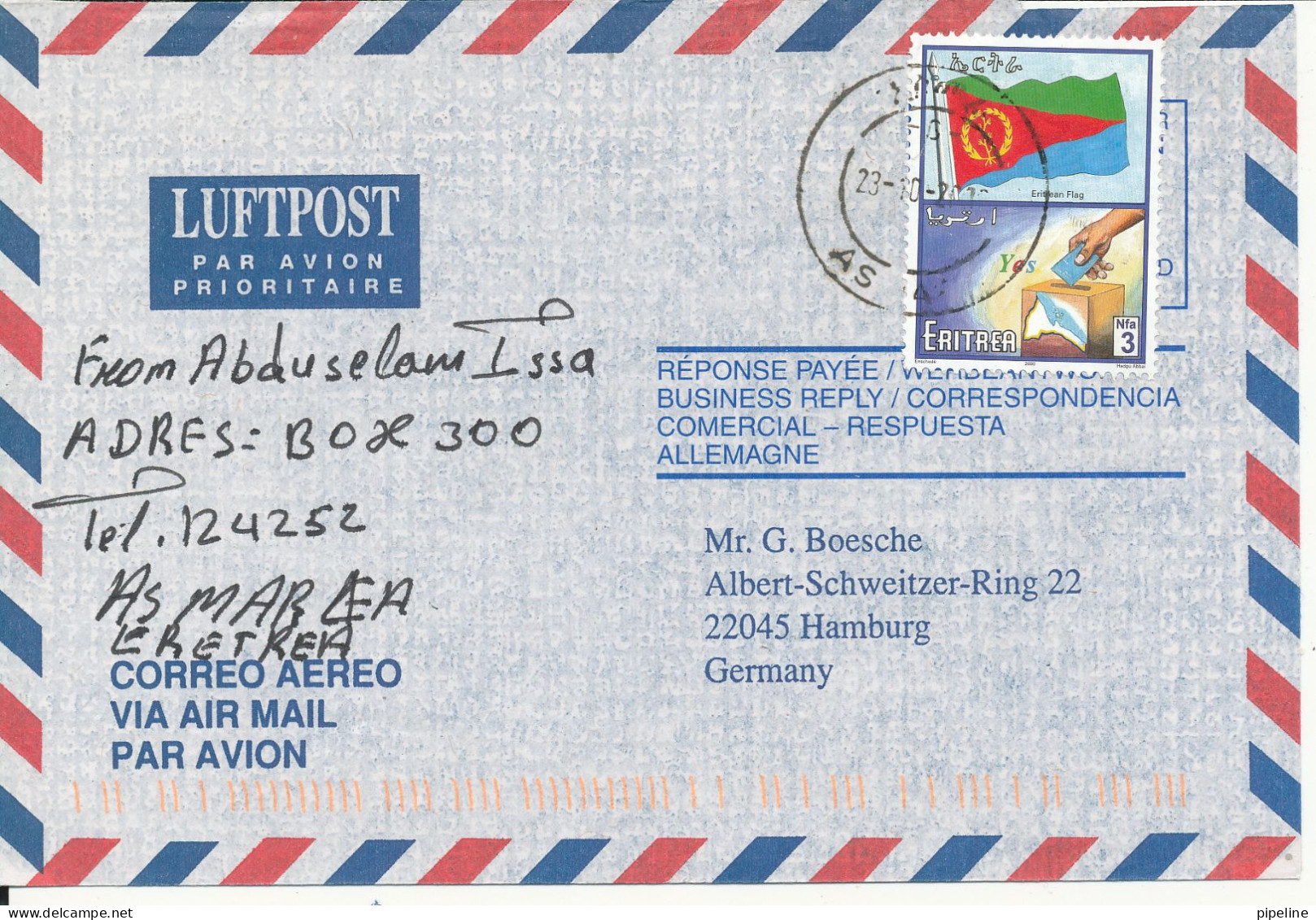 Eritrea Air Mail Cover Sent To Germany 23-10-2000 ?? Single Franked - Eritrea