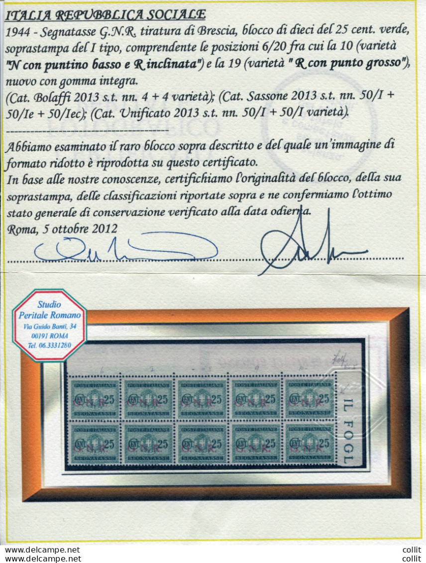 SegnatasseGNR"Brescia"Cent.25 Blocco Compr. 2 Varietà: "R" Inclinata Sinistra - Neufs