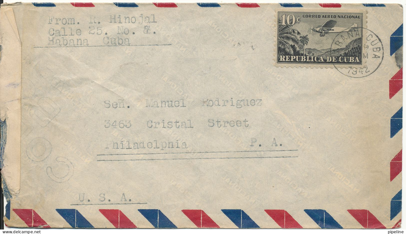 Cuba Censored Air Mail Cover Sent To USA  1942 - Poste Aérienne