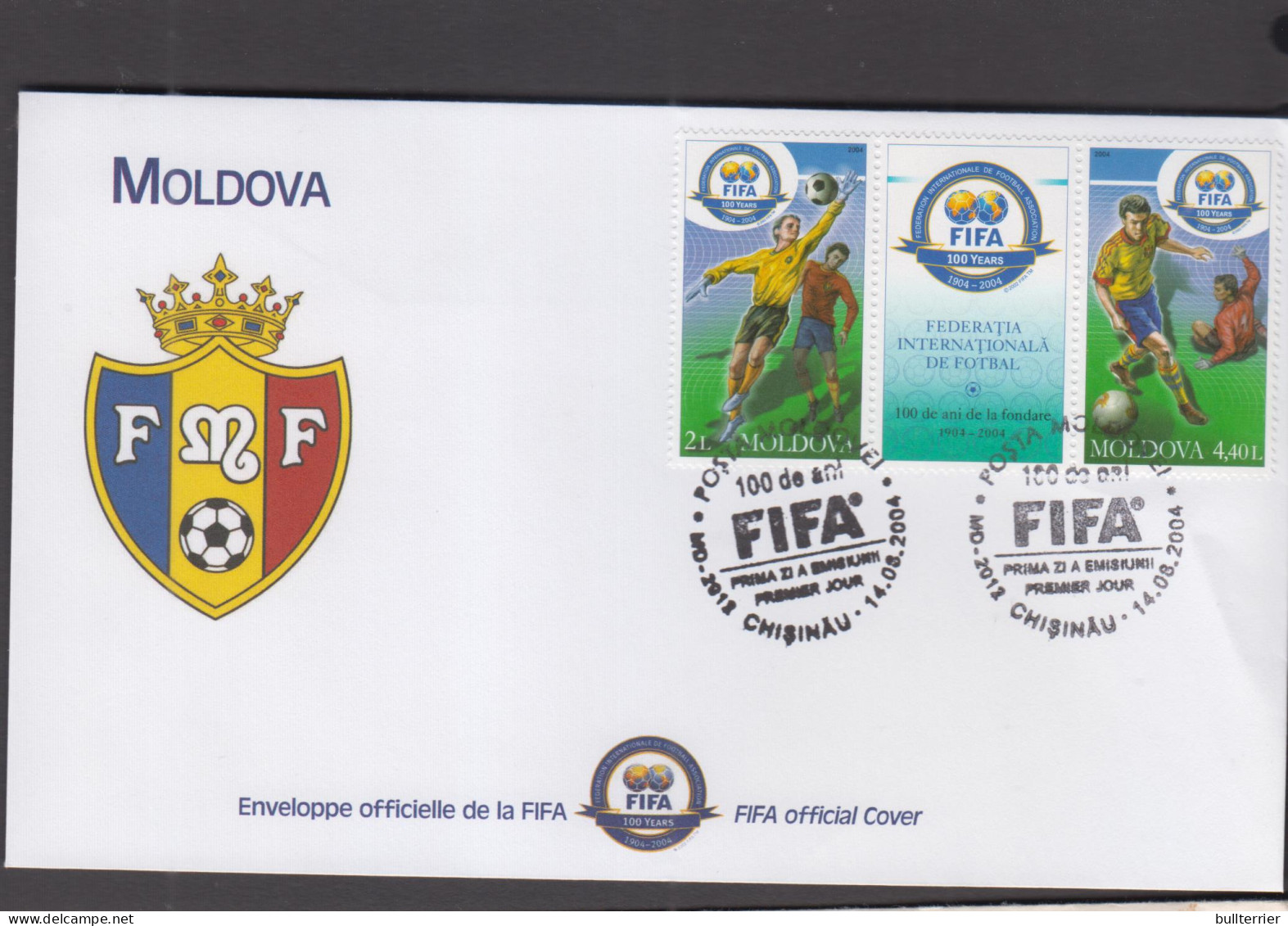 SOCCER - MOLDOVA - 2004 - FIFA CENTENARY SET OF 2 + LABEL ON  ILLUSTRATED FDC  - Cartas & Documentos