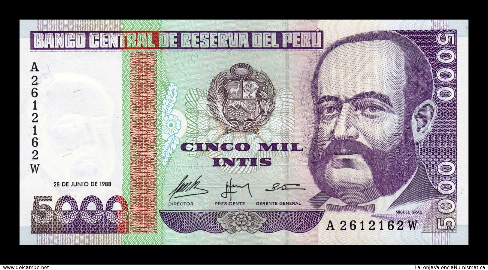 Perú 5000 Intis Miguel Grau 1988 Pick 137 Capicua Sc Unc - Peru