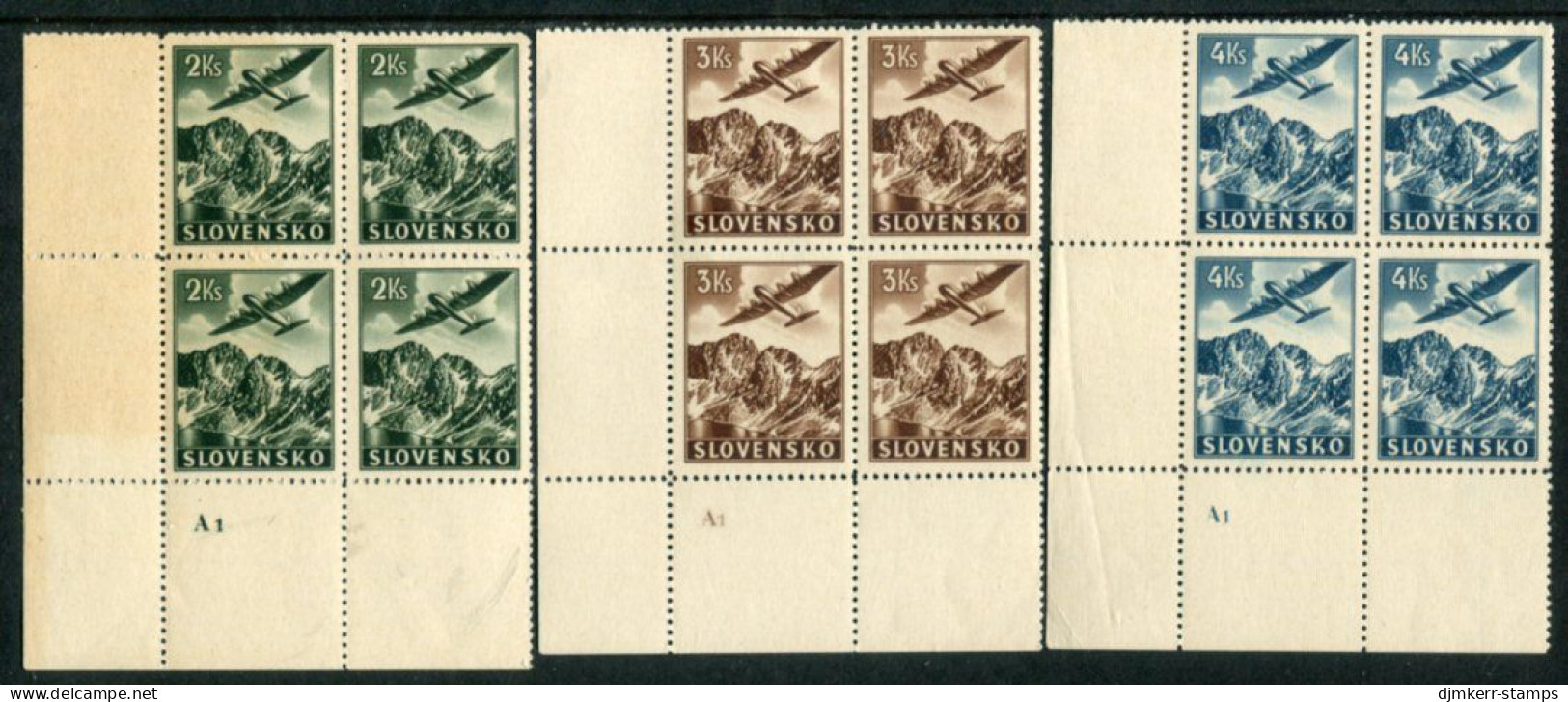 SLOVAKIA 1939 Airmail Definitives Plate Blocks Of 4 MNH / **.  Michel 51-53 - Ongebruikt