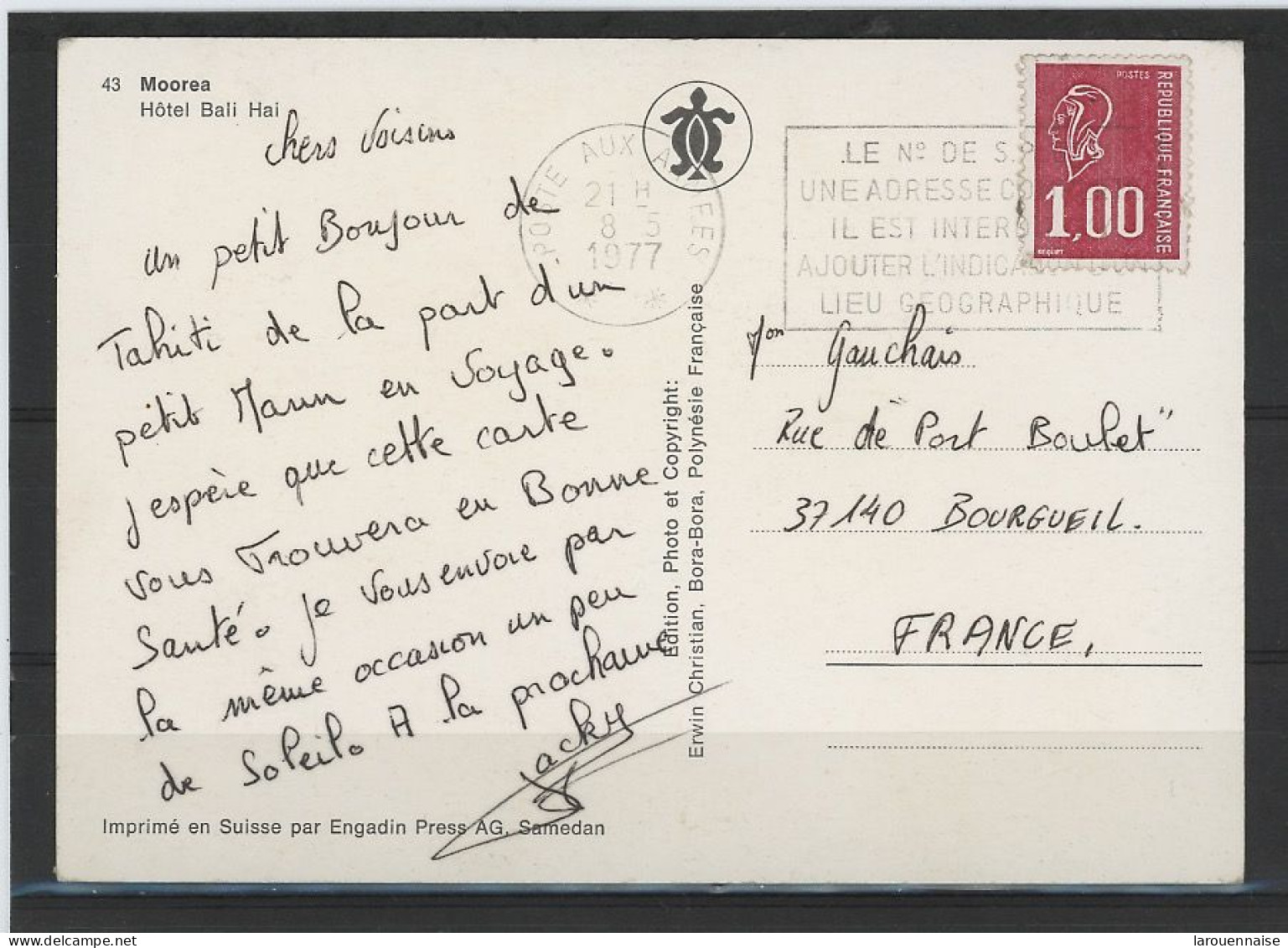 POLYNÉSIE -CACHET MILITAIRE /CP MOOREA-CENTRE D'EXPÉRIMENTATION DU PACIFIQUE-N°1892 Obl SCECAP-POSTE AUX ARMÉES /**DU - Storia Postale