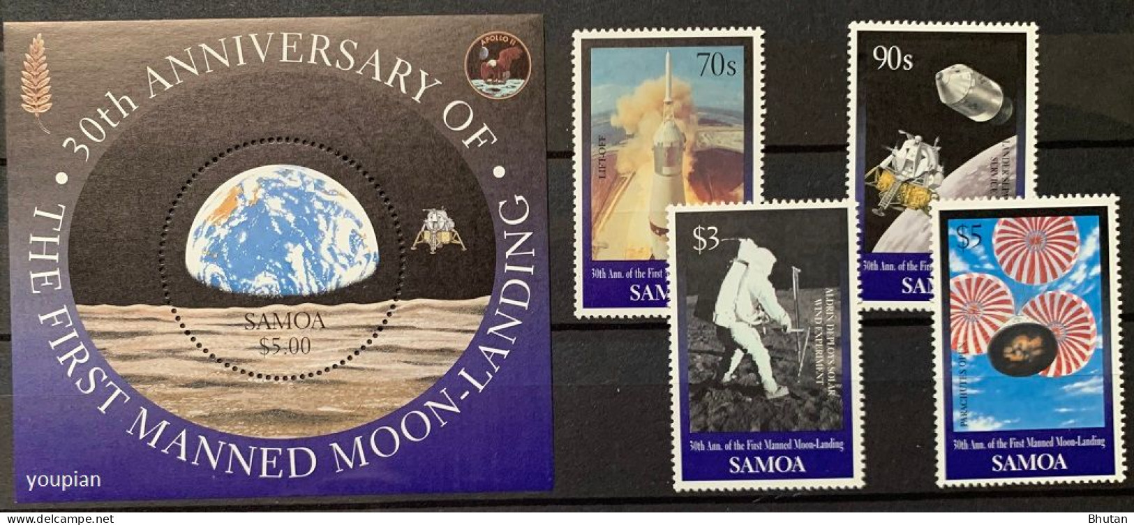 Samoa 1999, 30th Anniversary Of The First Manned Moon-Landing, MNH Unusual S/S And Stamps Set - Samoa