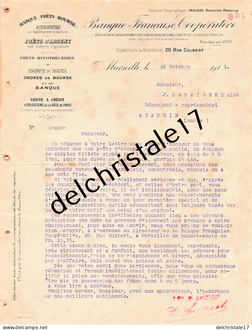 13 0385 MARSEILLE BOUCHES DU RHONE 1911 Banque Prêts Bourse Banque Française Coopérative Rue Colbert à LARAIGNEZ - Banca & Assicurazione