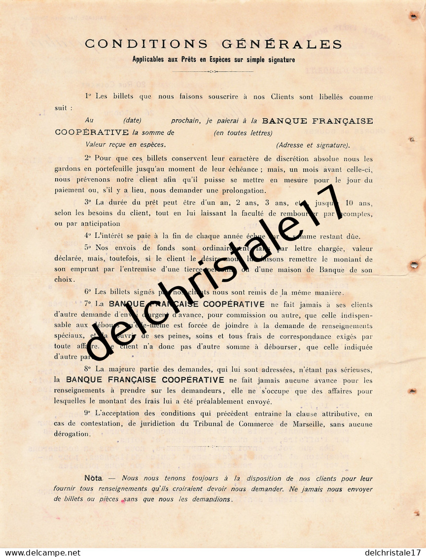 13 0385 MARSEILLE BOUCHES DU RHONE 1911 Banque Prêts Bourse Banque Française Coopérative Rue Colbert à LARAIGNEZ - Bank & Insurance