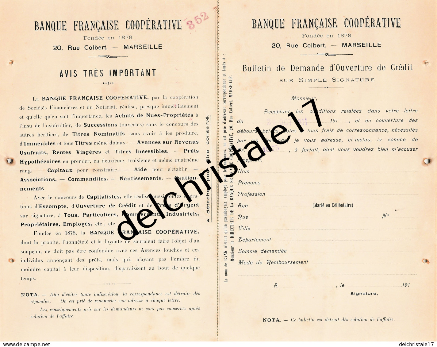 13 0385 MARSEILLE BOUCHES DU RHONE 1911 Banque Prêts Bourse Banque Française Coopérative Rue Colbert à LARAIGNEZ - Bank En Verzekering
