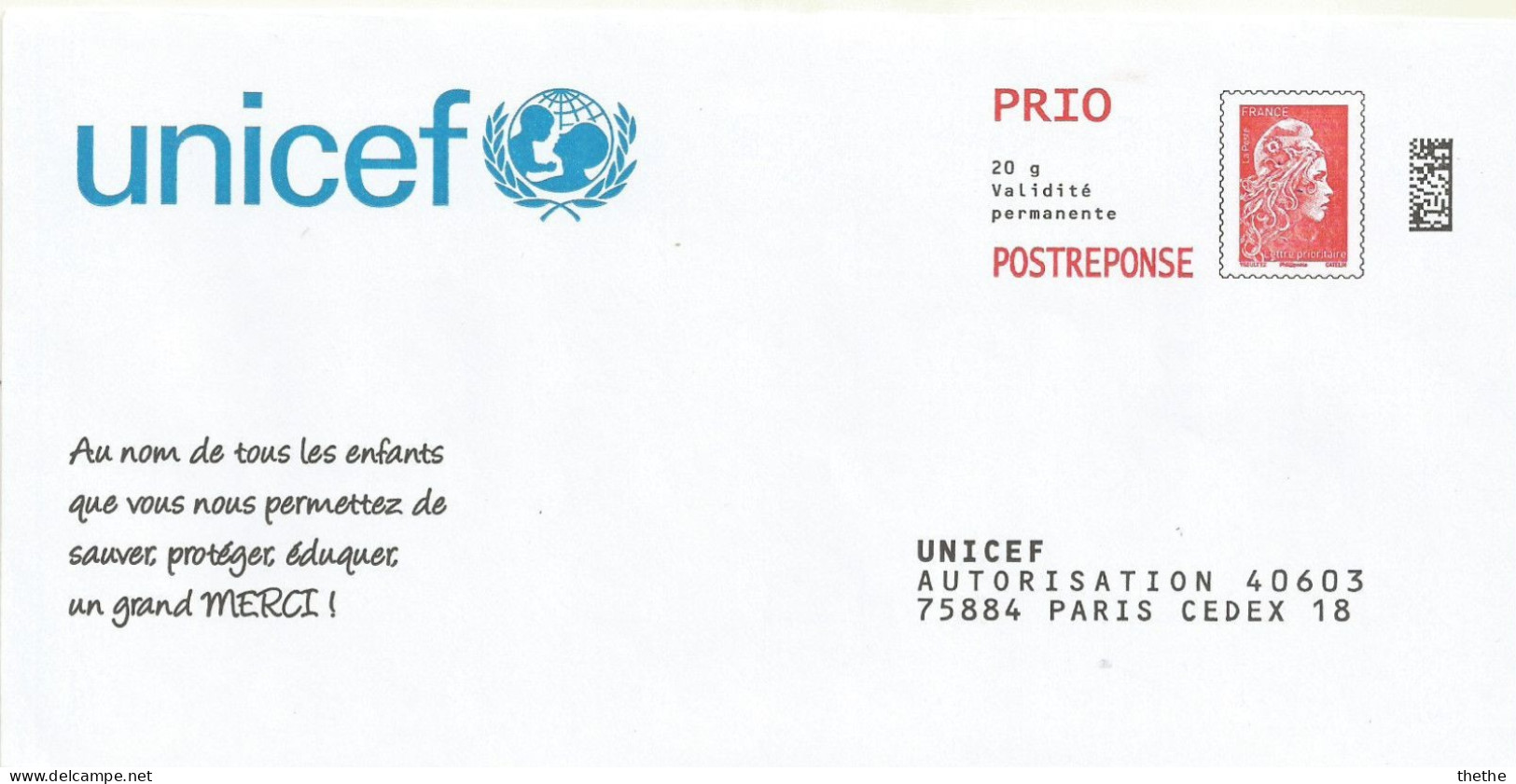 : POSTREPONSE -  PRIO - MARIANNE L'ENGAGEE..  UNICEF - PAP: Ristampa/Marianne L'Engagée