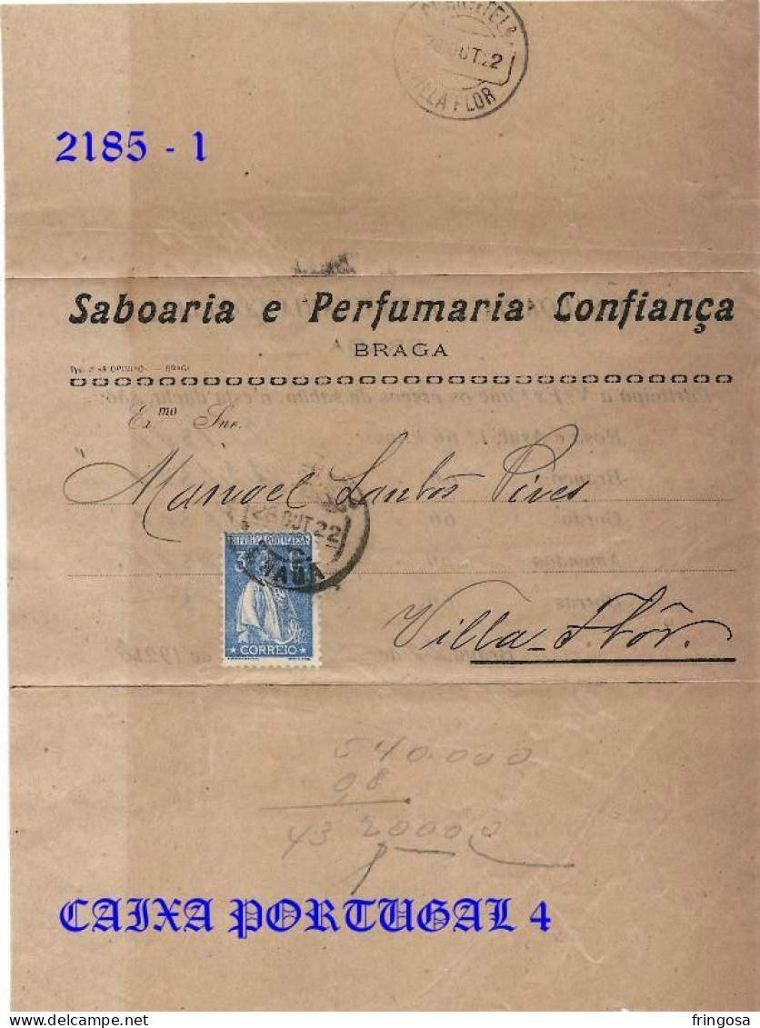 SABOARIA E PERFUMARIA CONFIANÇA, BRAGA: CERES 3c; DE BRAGA PARA VILA FLOR 1922 - Lettres & Documents