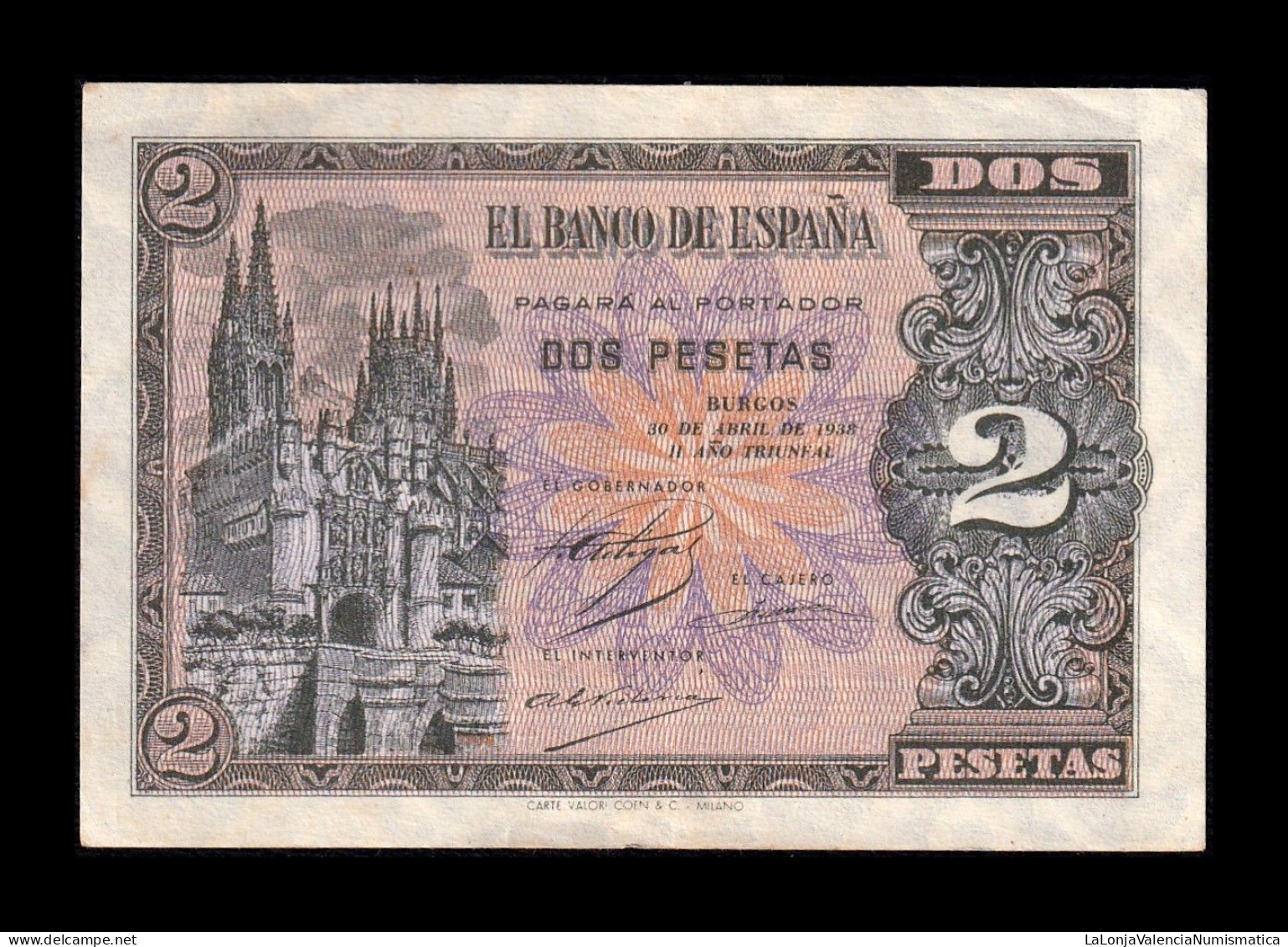 España Spain 2 Pesetas Catedral De Burgos 1938 Pick 109 Serie F Ebc/+ Xf/+ - 1-2 Peseten