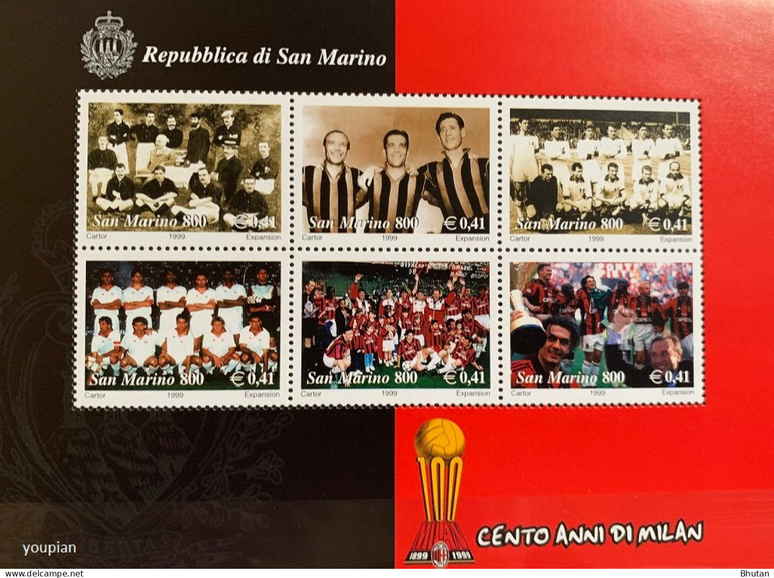 San Marino 1999, 100 Years AC Milano Football Club, MNH S/S - Ungebraucht