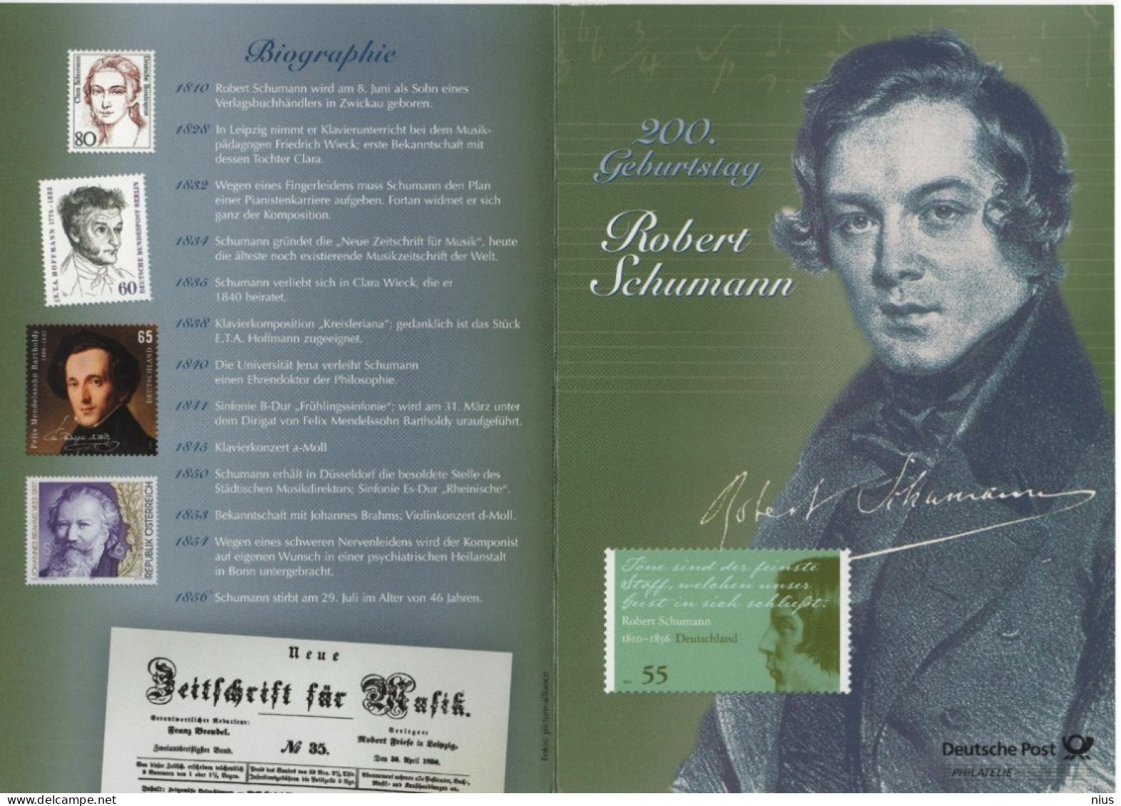 Germany Deutschland 2010 200. Geburtstag Robert Schumann + Brahms Block, Music Musik Composer Komponist, Berlin - 2001-2010