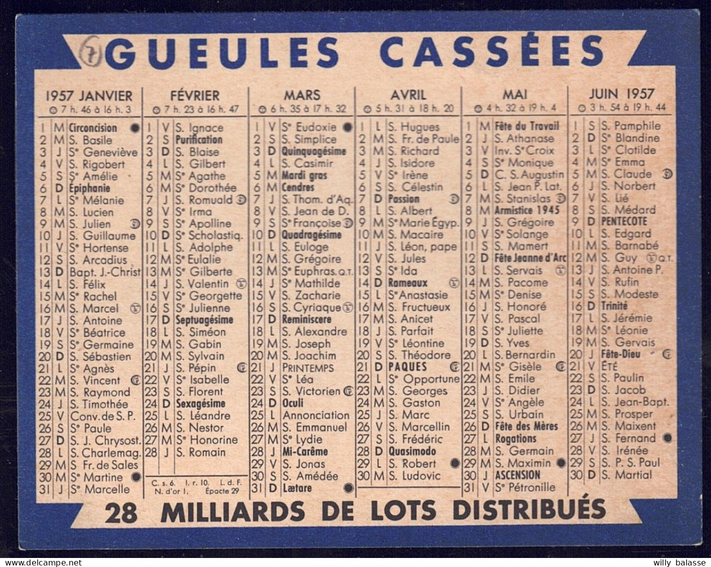 +++ Petit CALENDRIER - 1957 - " GUEULES CASSEES " // - Petit Format : 1941-60