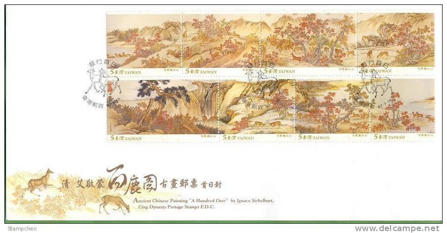 FDC Taiwan 2008 Ancient Chinese Painting Stamps- Hundred Deer Pine Forest Mount Falls Waterfall - FDC