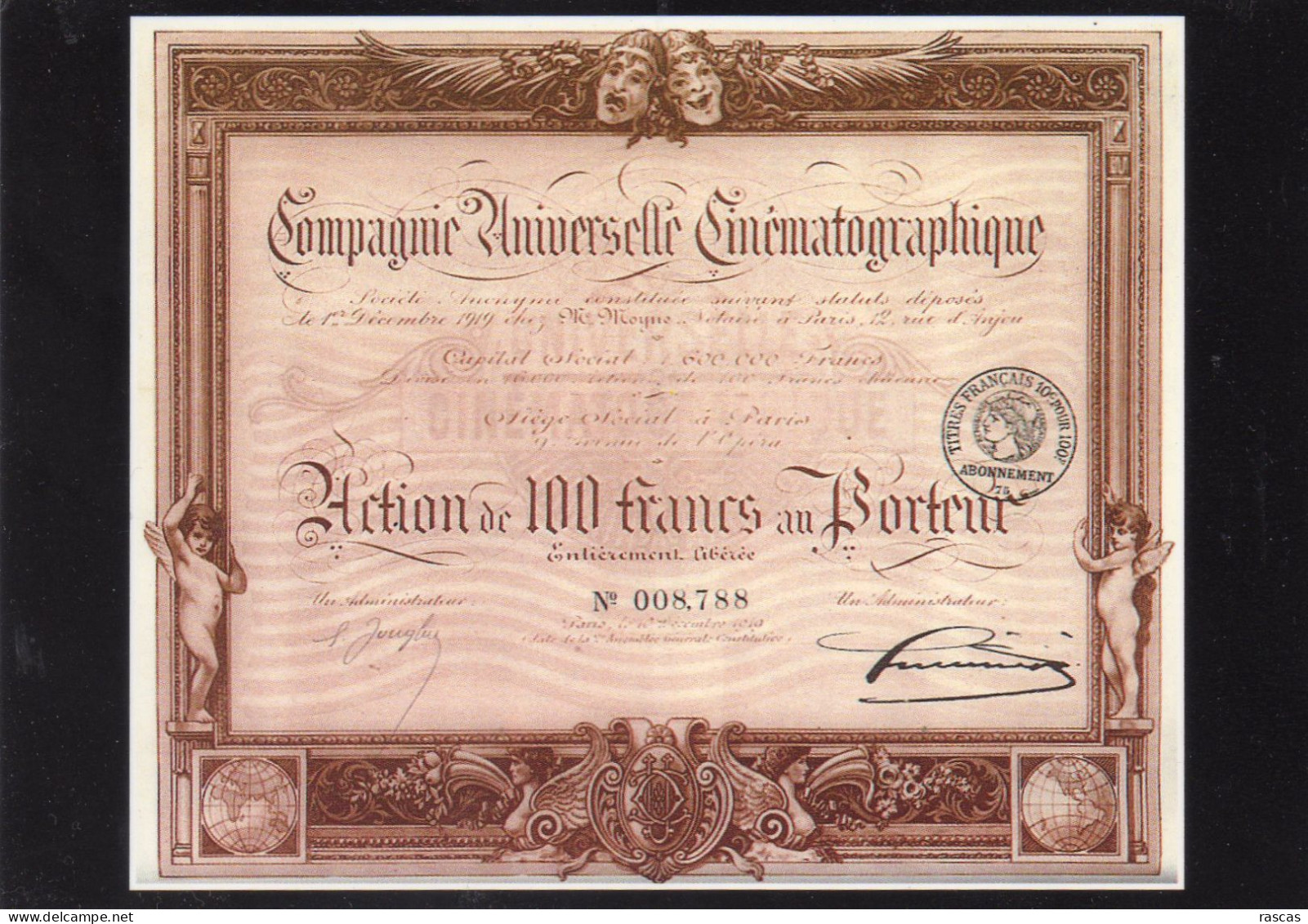 CPM - E - REPRO ACTION DE 100 FRANCS AU PORTEUR DE LA COMPAGNIE UNIVERSELLE CINEMATOGRAPHIQUE - Banques