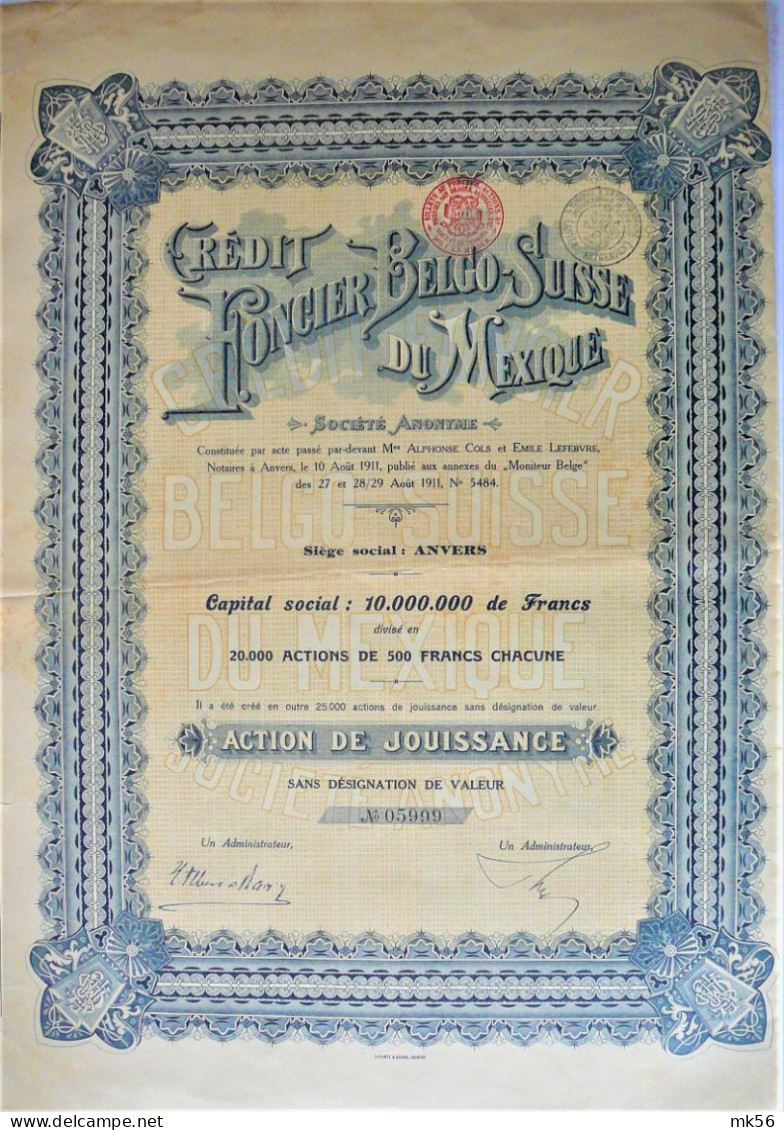 Credit Foncier  Belgo Suisse Du Mexique - Action De Jouissance De 500 Fr (1911) - Banque & Assurance