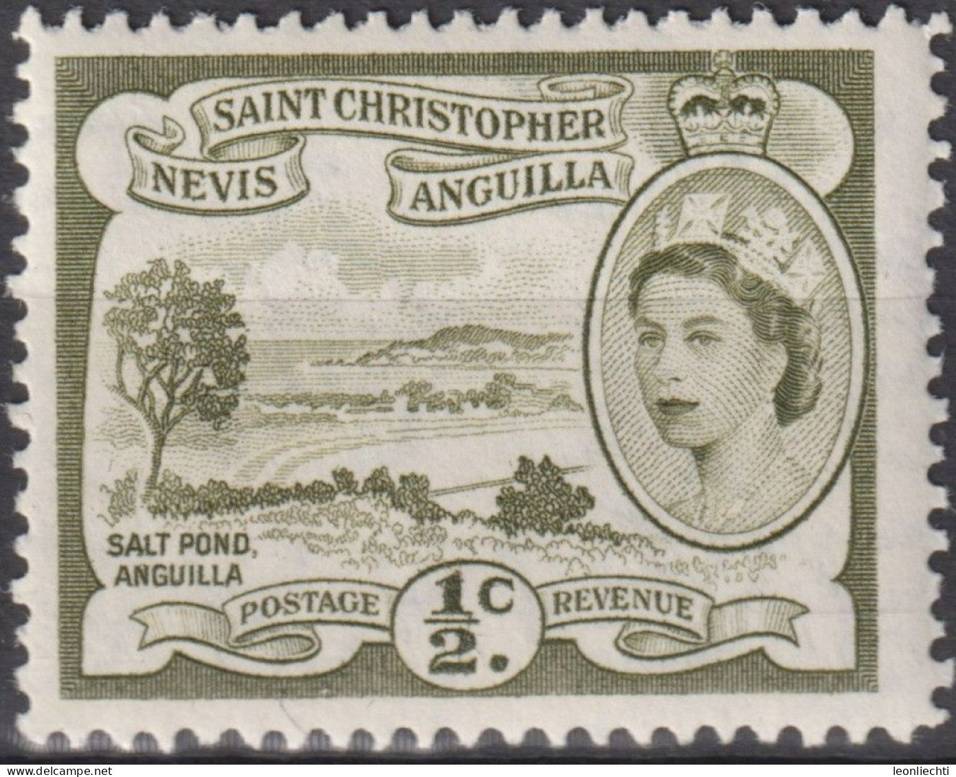 1956 St.Christopher-Nevis & Anguilla ** Mi:KN 113, Yt:KN 134, Queen Elizabeth II Issues (1954-57) Salt Pond, Anguilla - St.Cristopher-Nevis & Anguilla (...-1980)